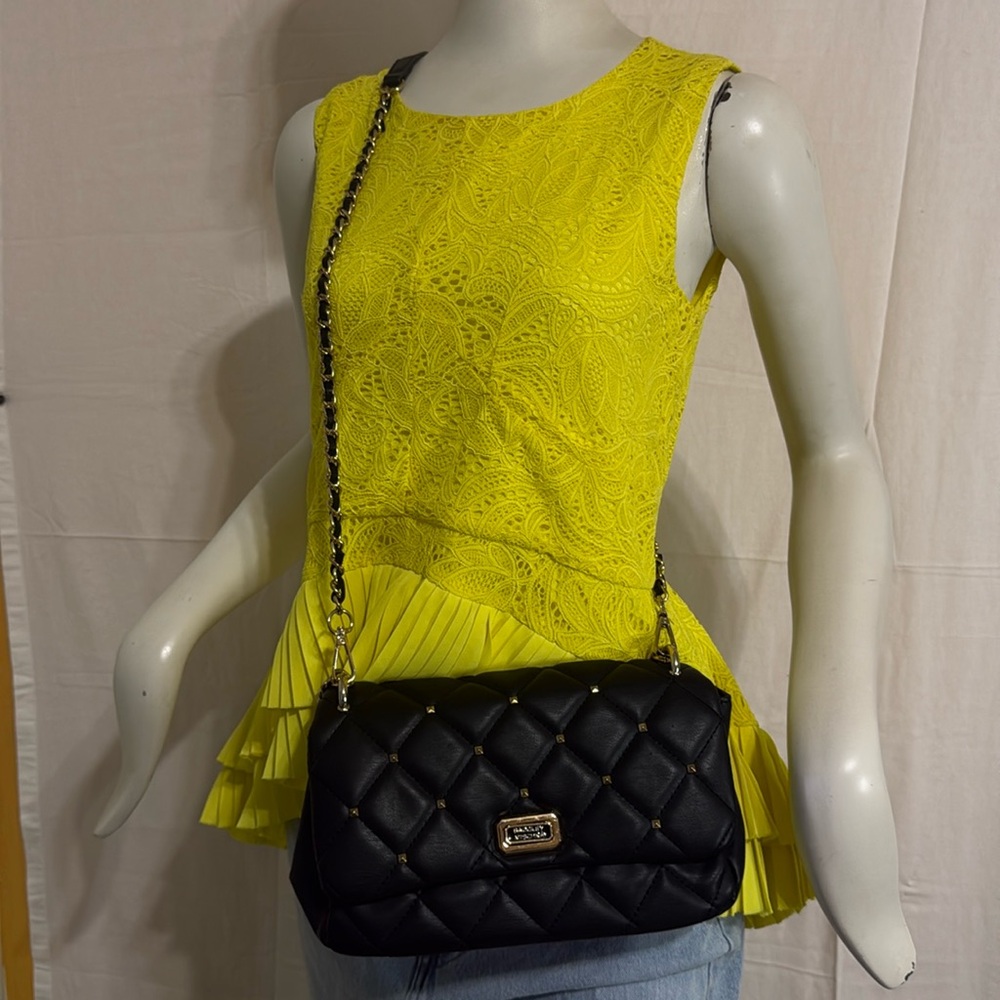 BADGLEY MISCHKA BLACK MATELASSÉ FLAP BAG